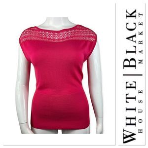 White House Black Market fuchsia pink sweater top crochet accent size medium